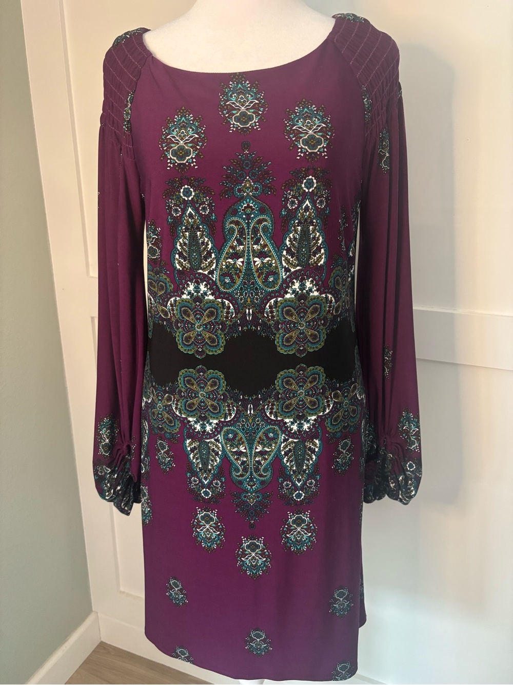 Laundry by Shelli Segal Purple Paisley-Print Long Sleeve Shift Dress size 6